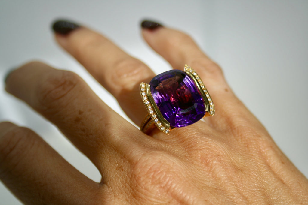 Cushion Cut Amethyst and Diamond Dress Ring - Ancient & W